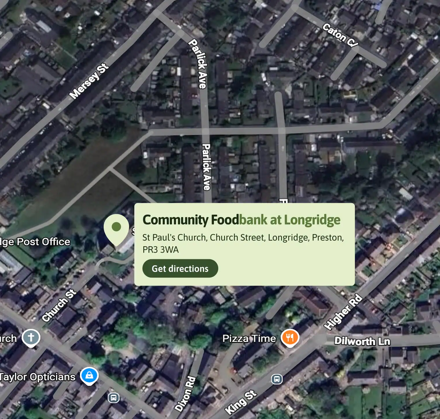 Map showing location of Longridge Food Bank on Church Street.